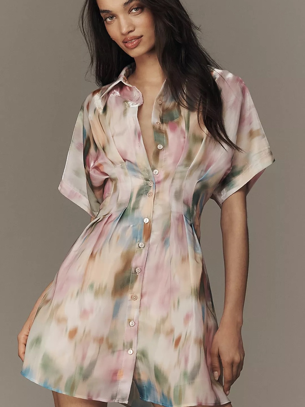 Women's Watercolor Short Shirt Dress - Pink Multi